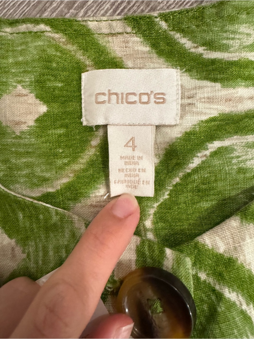 Chico's Green and Cream Ikat-Print Button Front Jacket Linen Beachy Old Money - Picture 3 of 6